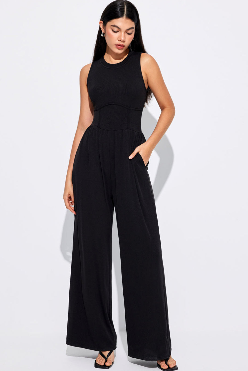 Blackish Green Sleeveless High Waist Wide Leg Jumpsuit - ThingsWeUseAndLove 