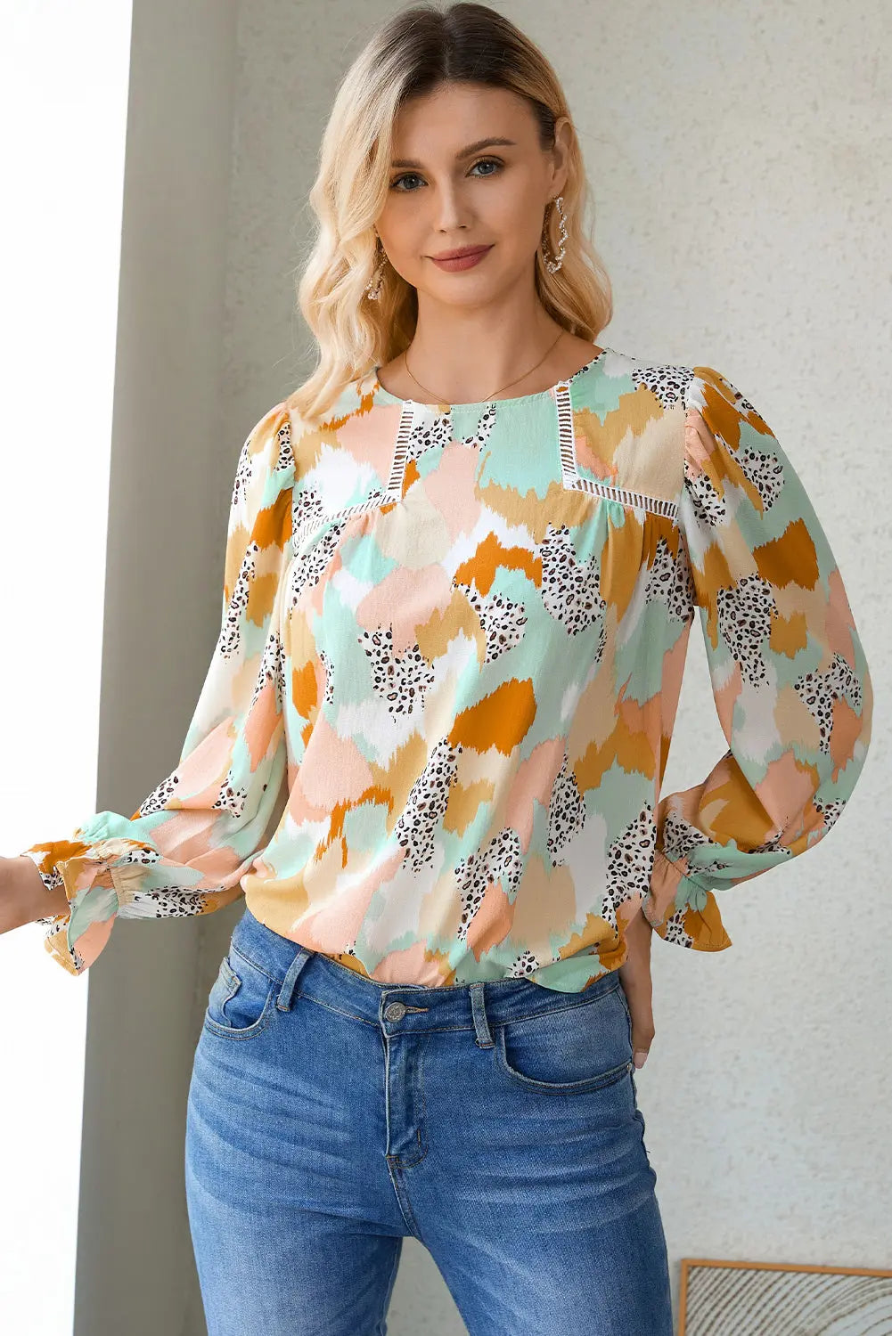 Boho Frill Multicolor Abstract Print Long Sleeve Blouse - ThingsWeUseAndLove 