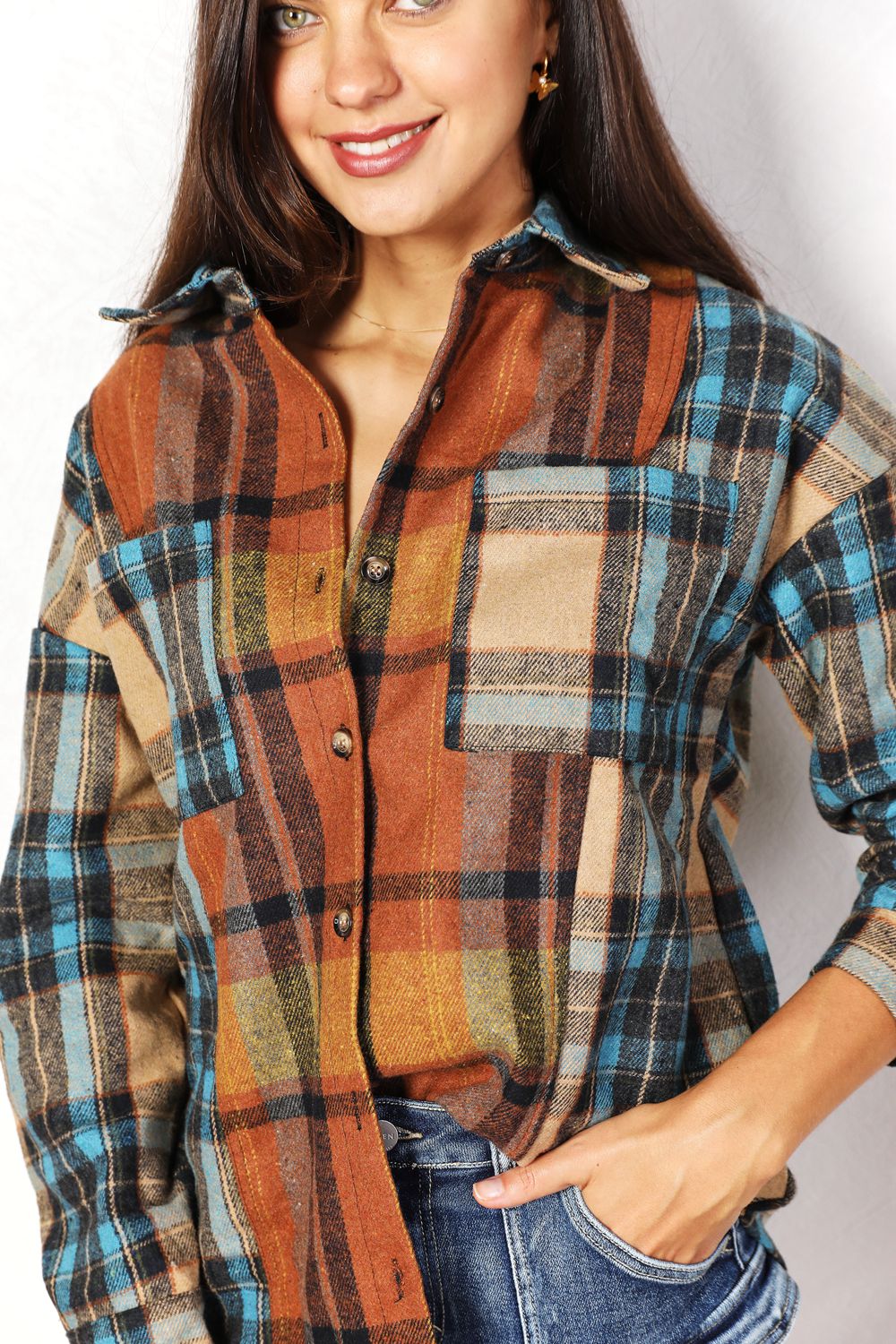 Plaid Curved Hem Shirt Jacket with Breast Pockets - ThingsWeUseAndLove 