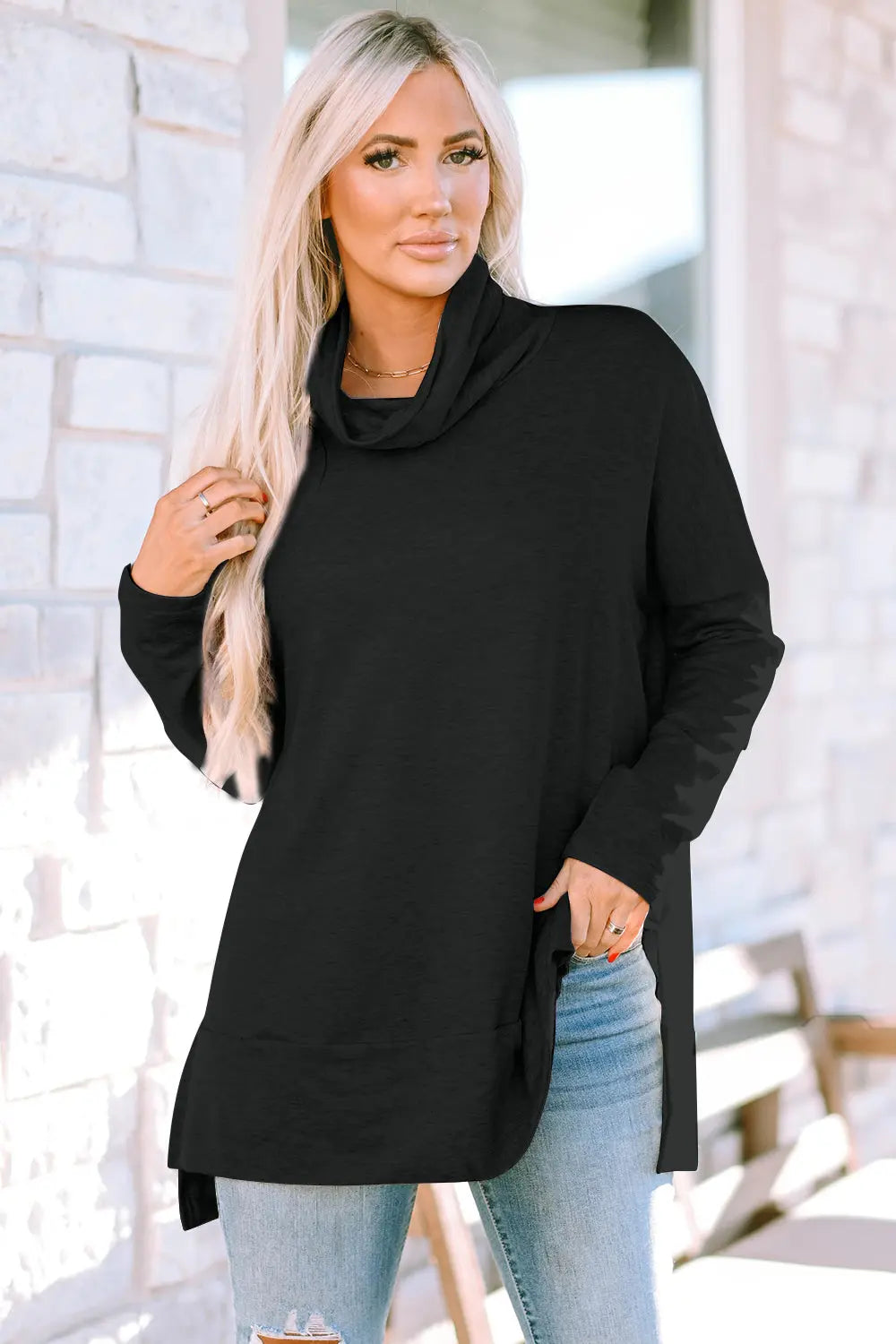 Cowl Neck Long Sleeve Slit Blouse - ThingsWeUseAndLove 