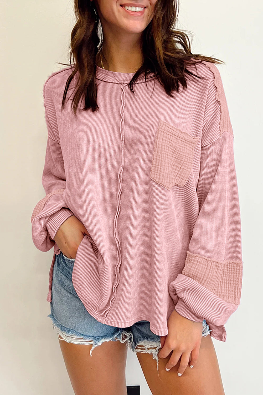 Crinkle Patchwork Long Sleeve Top - ThingsWeUseAndLove Pink-XL