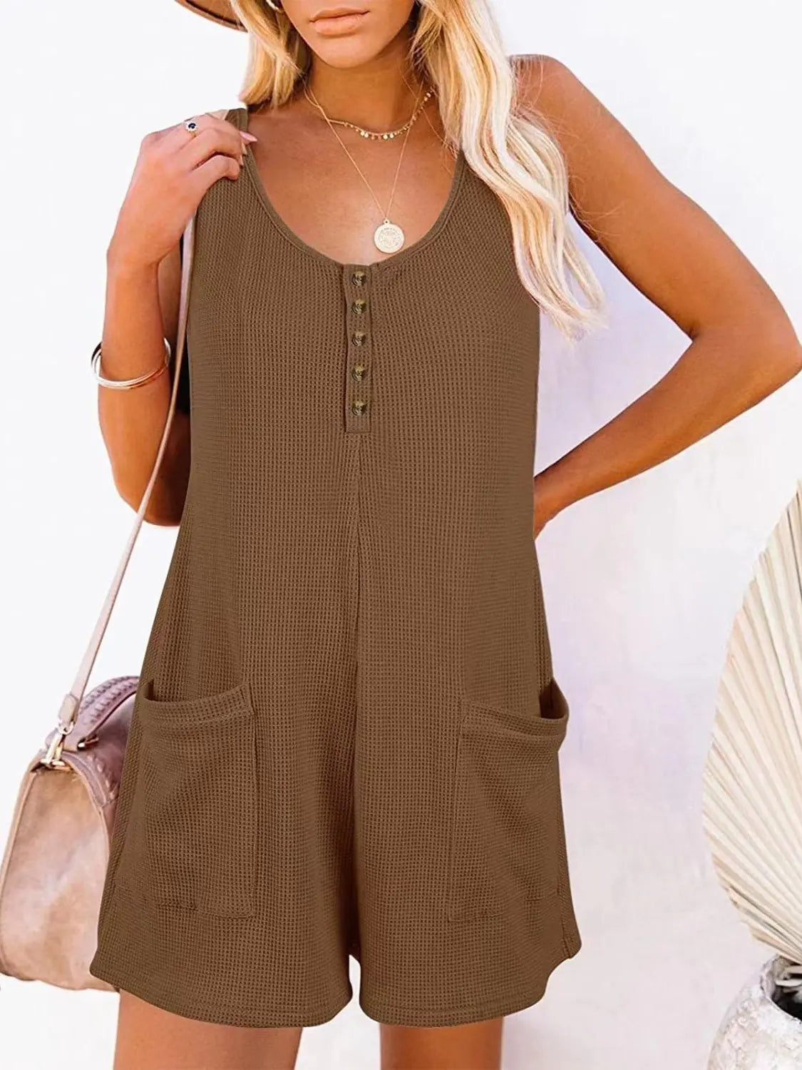 Size Inclusive Pocketed Scoop Neck Sleeveless Romper - ThingsWeUseAndLove Mocha-3XL