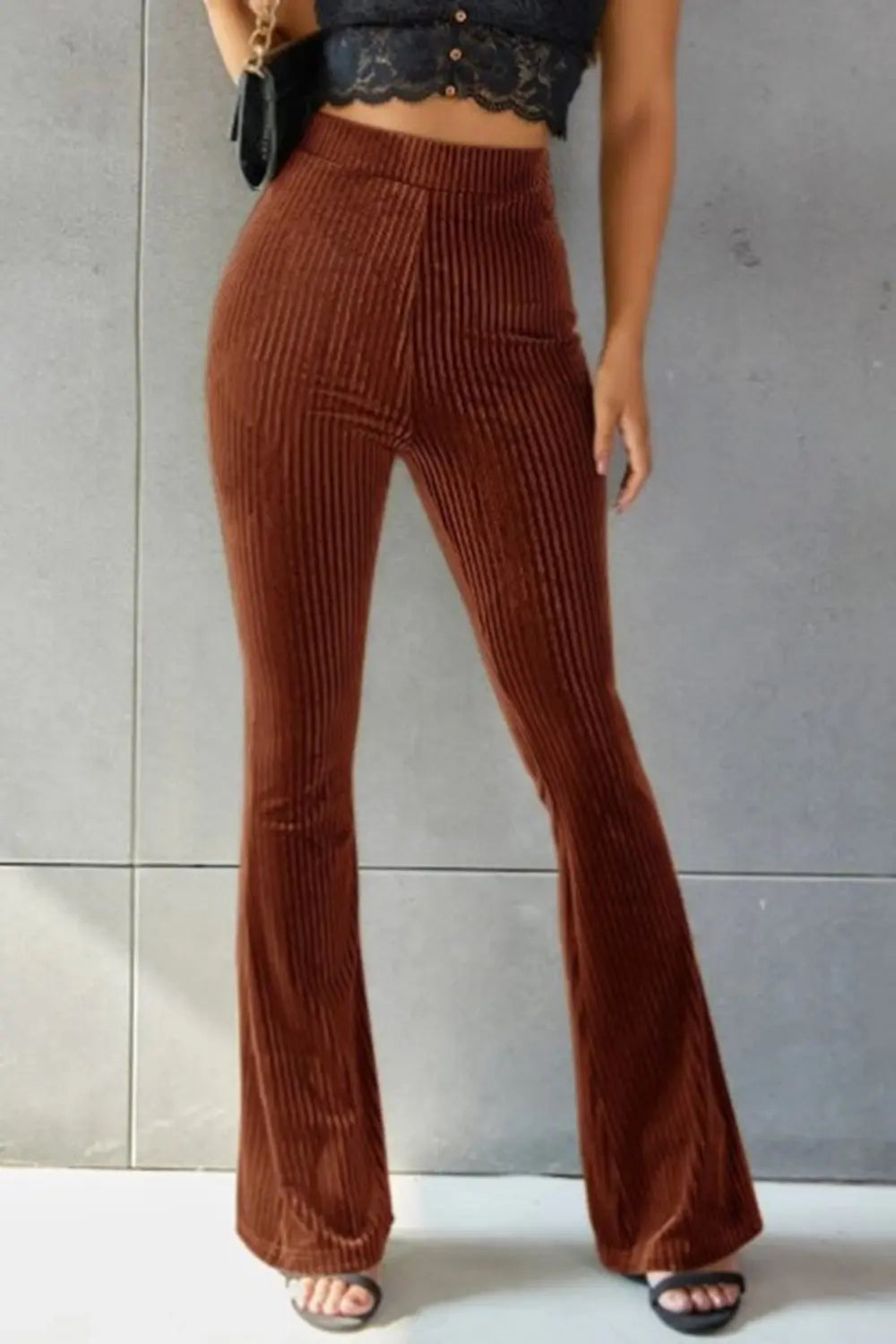 Poppy Ribbed High Waist Flare Pants - ThingsWeUseAndLove Brown-XL