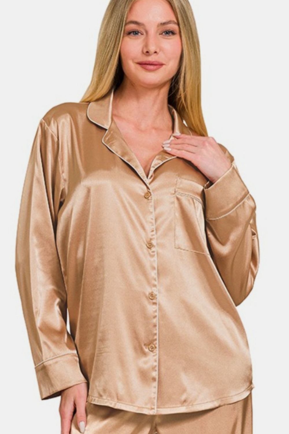 Satin Long Sleeve Shirt and Pants Pajama Set - ThingsWeUseAndLove 