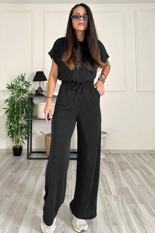 Round Neck Short Sleeve Top and Drawstring Pants Set - ThingsWeUseAndLove Black-2XL