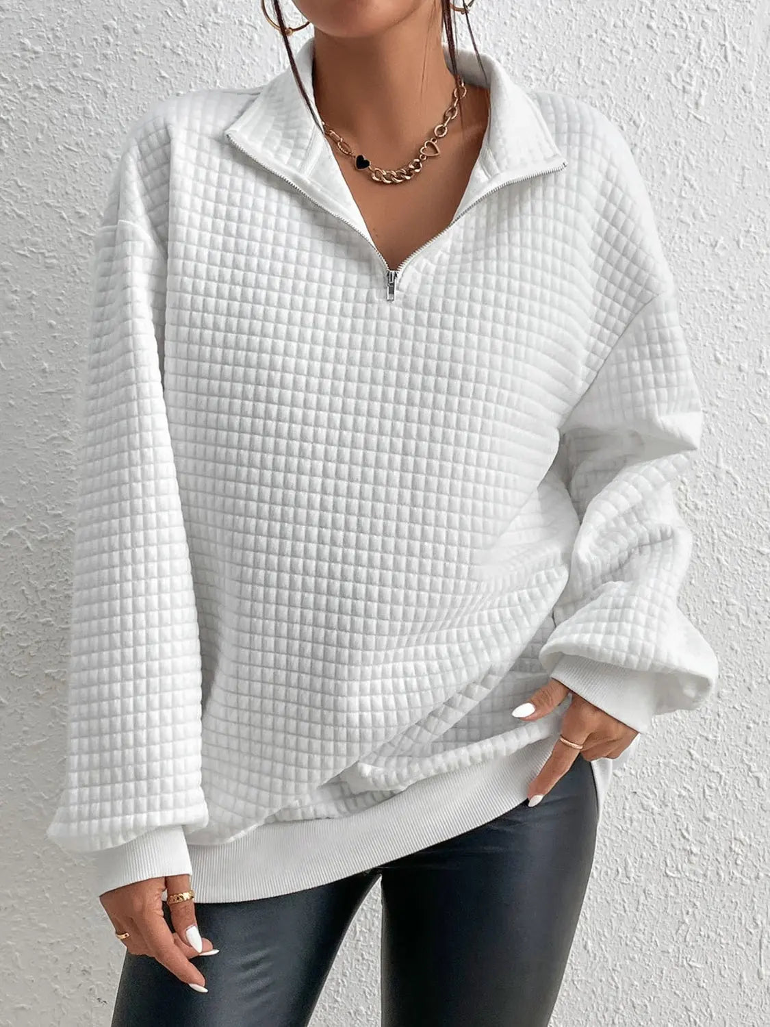 Collared Neck Long Sleeve Sweatshirt - ThingsWeUseAndLove White-2XL