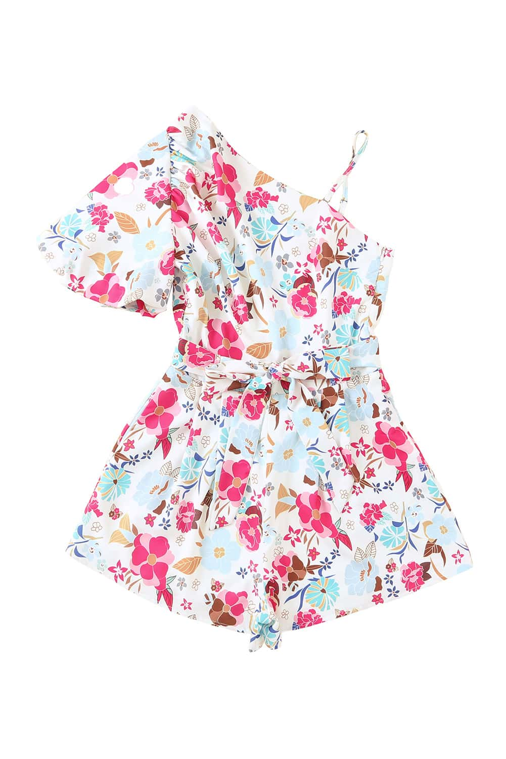 Floral Single Bubble Sleeve Slant Shoulder Belted Romper - ThingsWeUseAndLove 