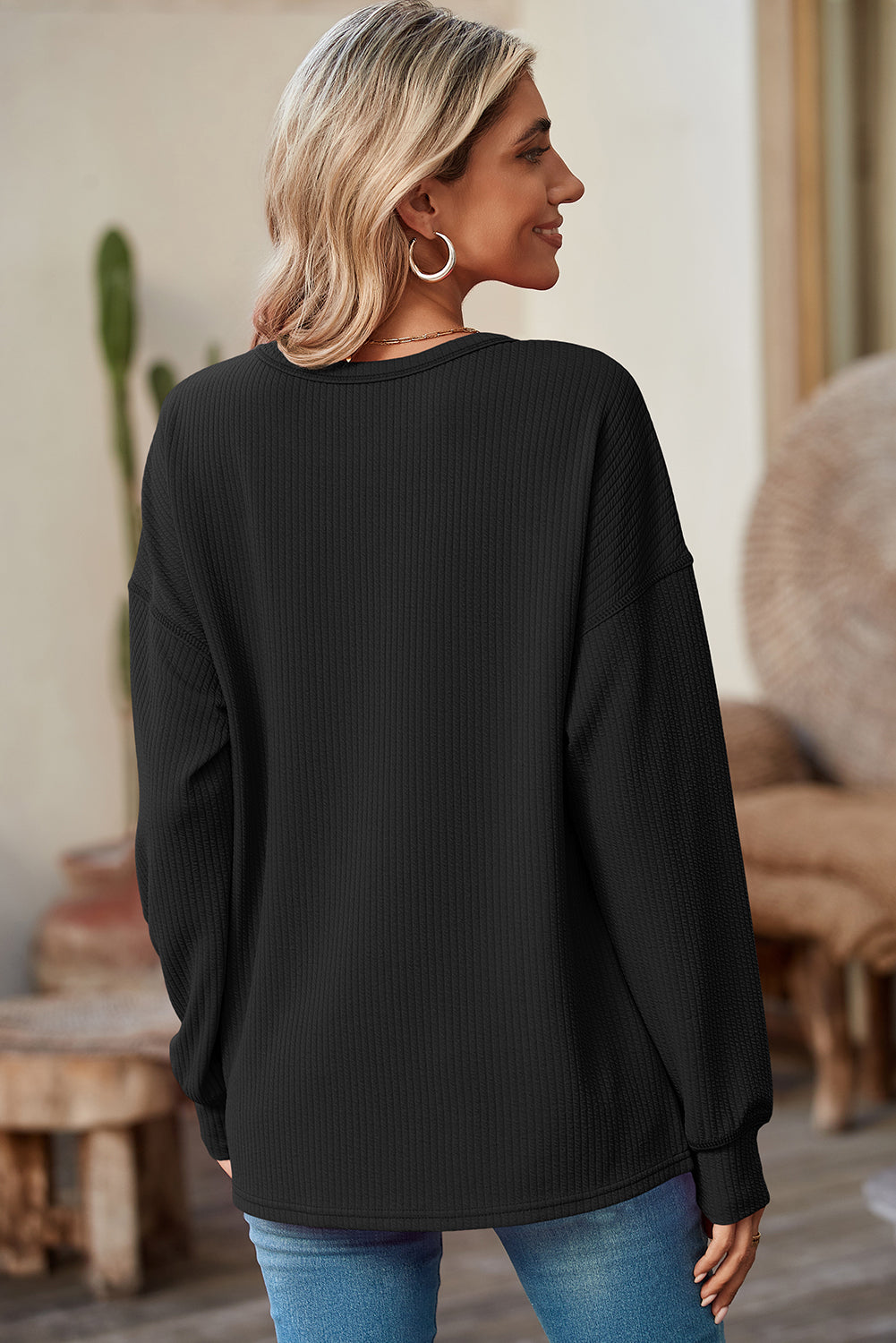 Ribbed Pocketed Long Sleeve Top - ThingsWeUseAndLove 