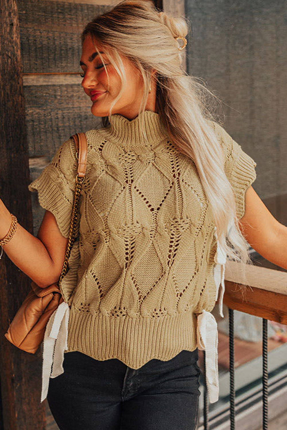 Hollowed Knit Scalloped Trim High Neck Sweater - ThingsWeUseAndLove 