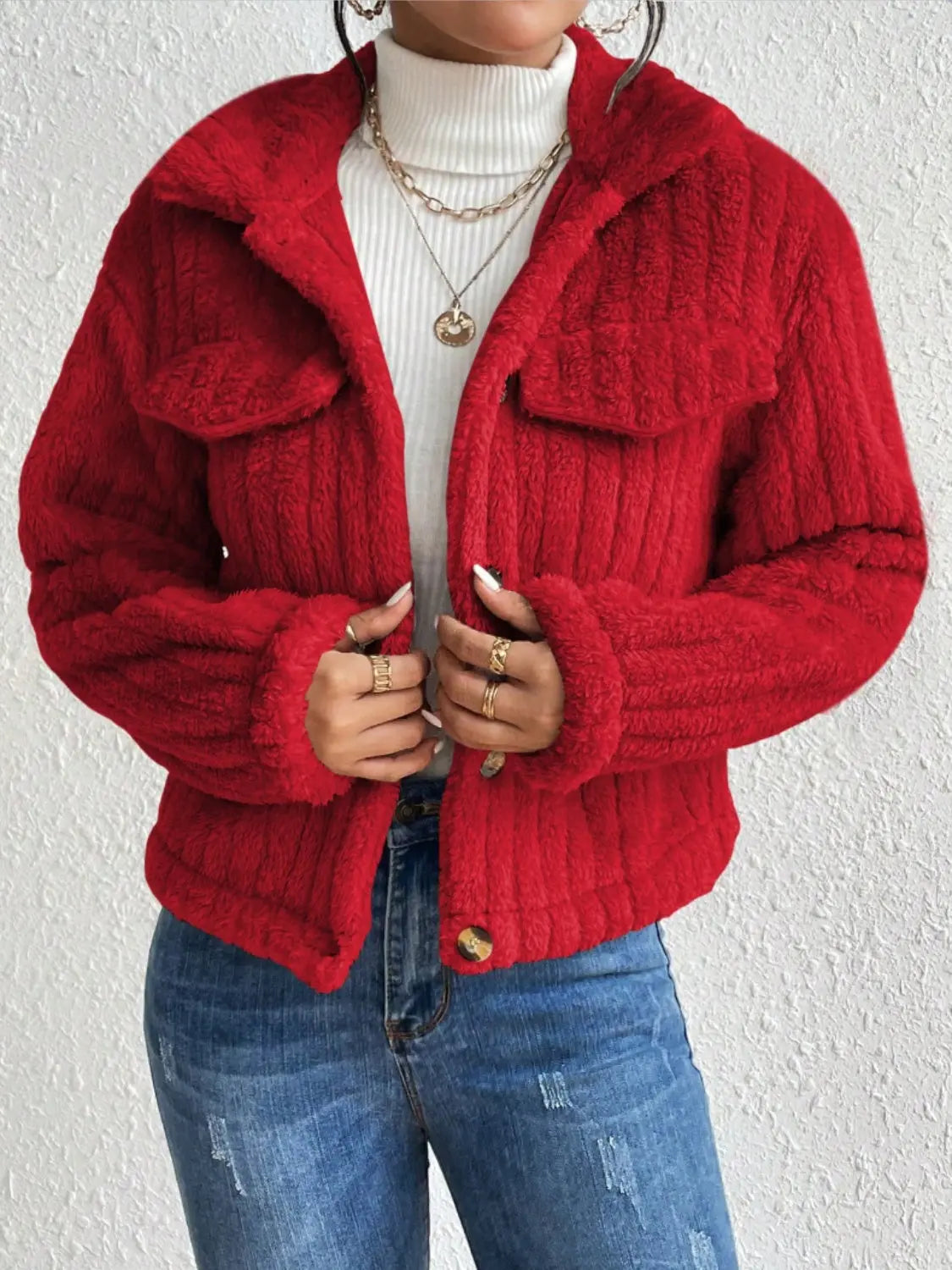 Lippy Fuzzy Button Up Collared Neck Jacket - ThingsWeUseAndLove Deep-Red-2XL