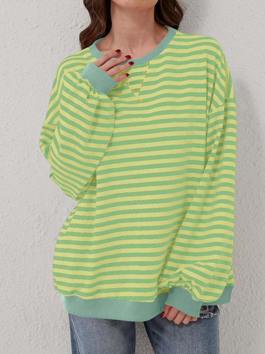 Aviana Contrast Striped Long Sleeve Sweatshirt - ThingsWeUseAndLove Lime-XL