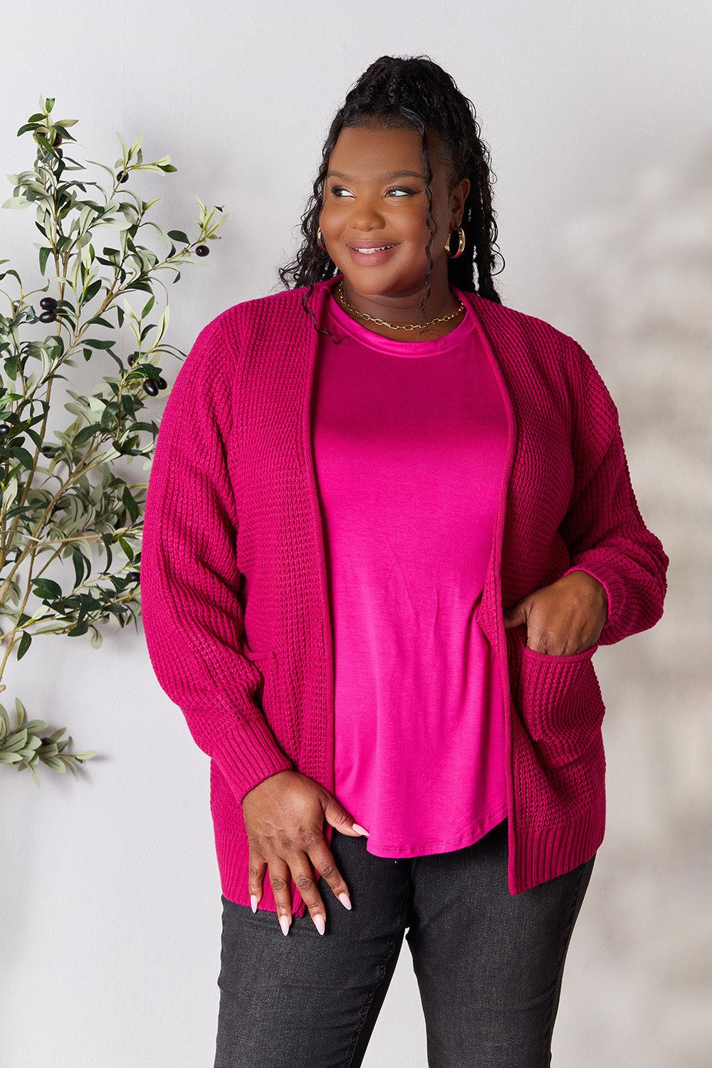 Magenta Waffle-Knit Open Front Cardigan - ThingsWeUseAndLove