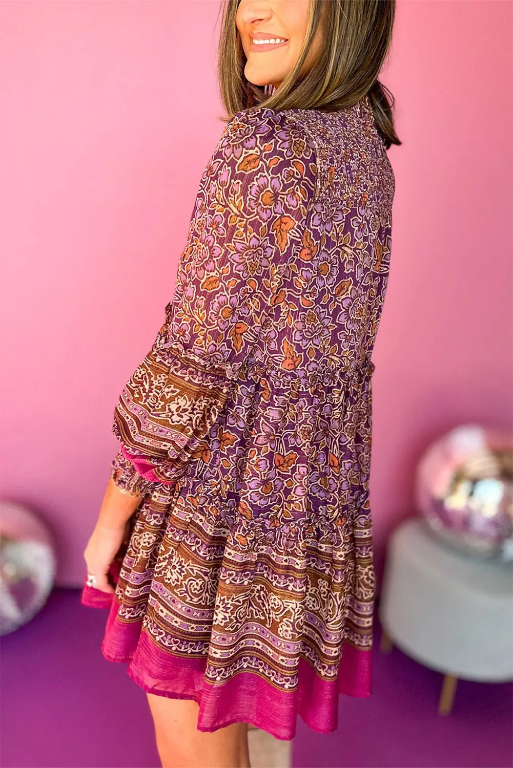 Purple Floral Print Smocked Puff Sleeve High Neck Mini Dress - ThingsWeUseAndLove 