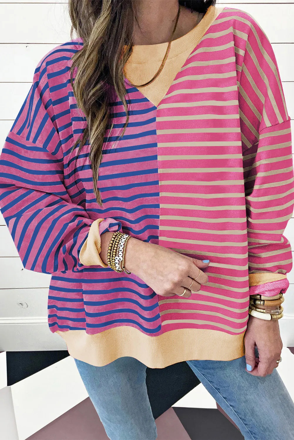 Wistar Contrast Stripes Round Neck Long Sleeve Sweatshirt