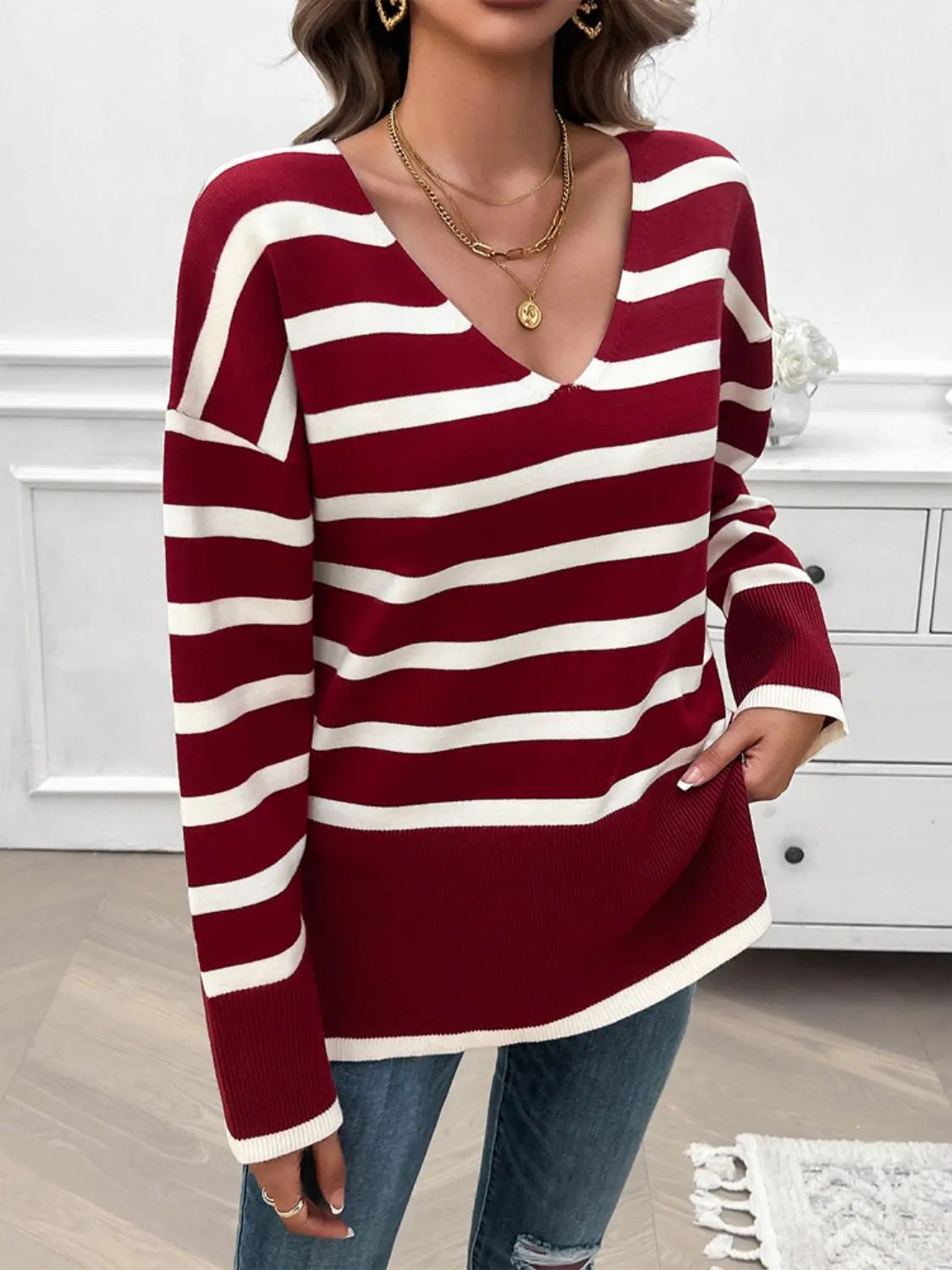 Striped V-Neck Long Sleeve Knit Top - ThingsWeUseAndLove Burgundy-XL