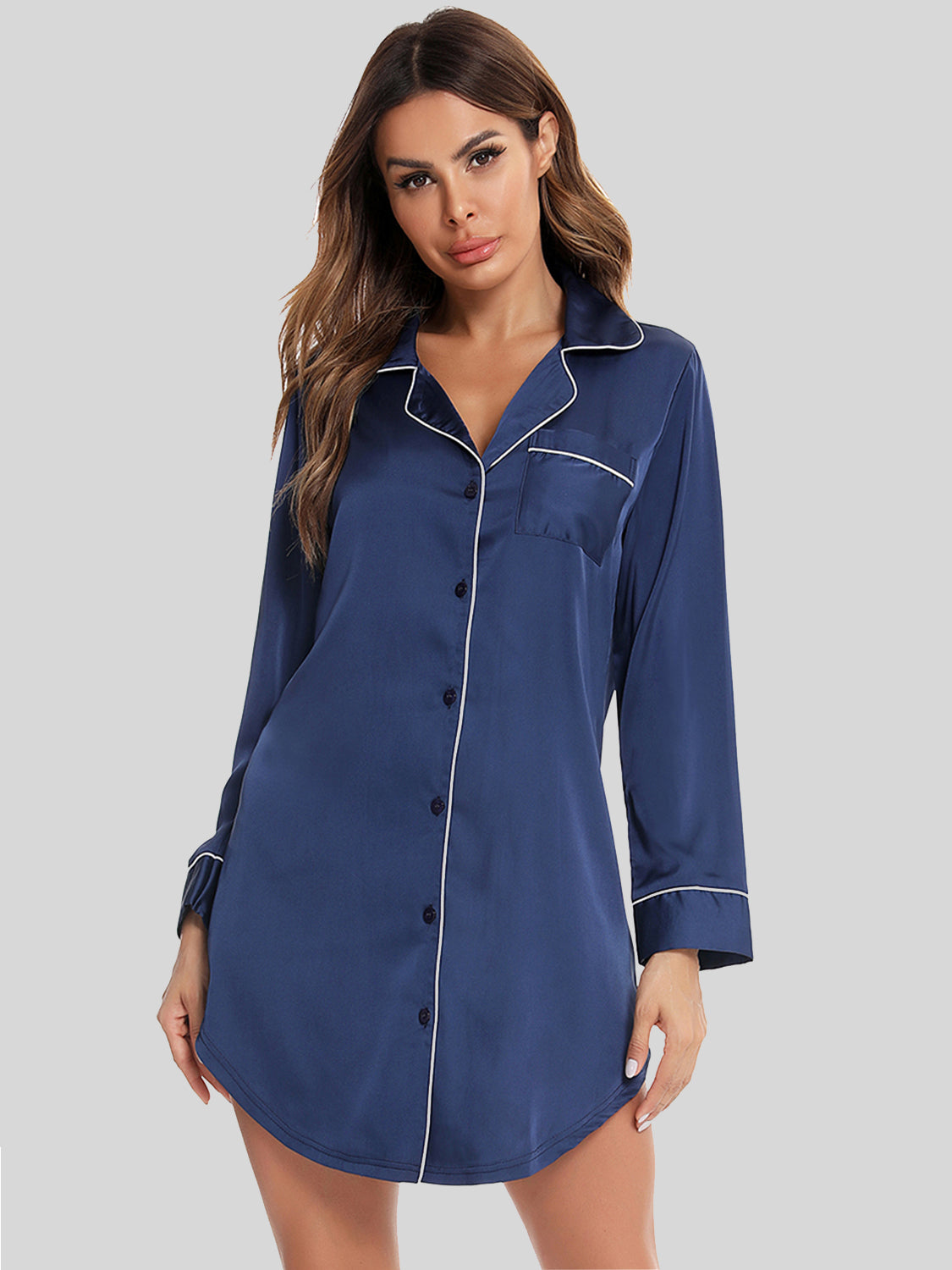 Button Up Lapel Collar Night Dress with Pocket - ThingsWeUseAndLove Peacock-Blue-2XL