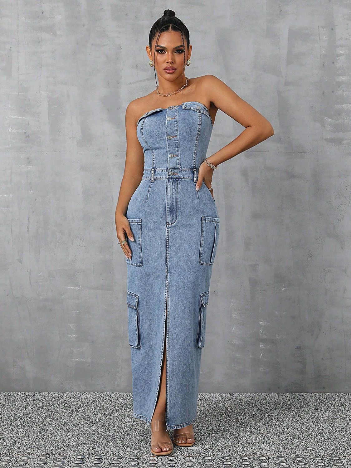 Half Button Denim Dress