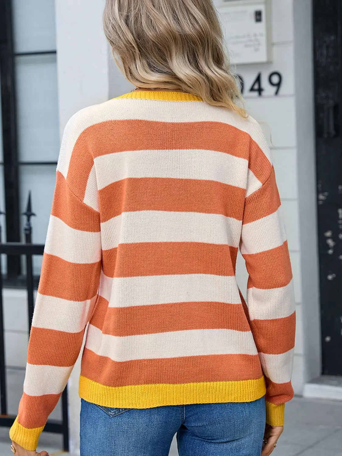 Dropped Shoulder Striped Round Neck Sweater - ThingsWeUseAndLove 