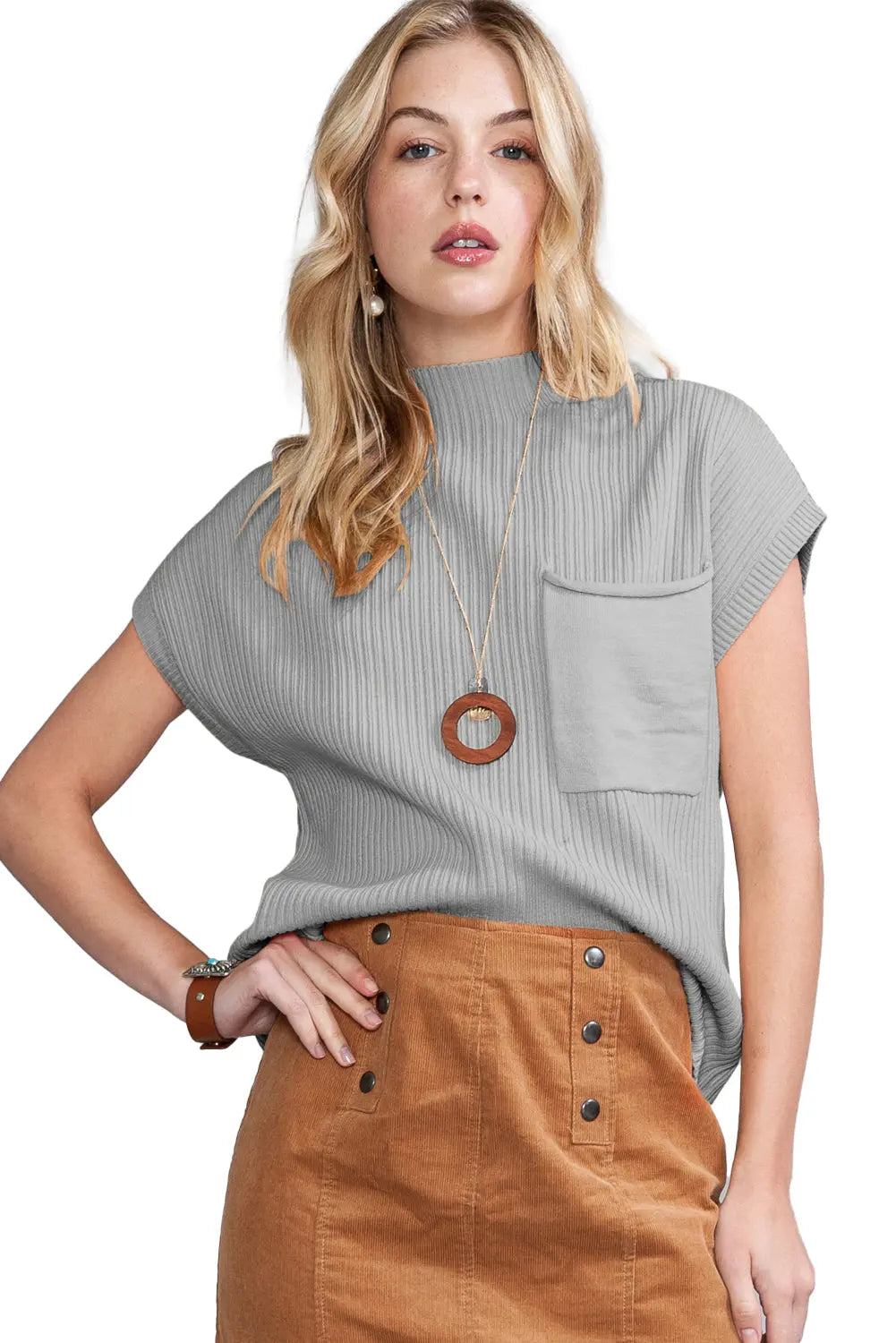 Gold Flame Patch Pocket Ribbed Knit Short Sleeve Sweater - ThingsWeUseAndLove 