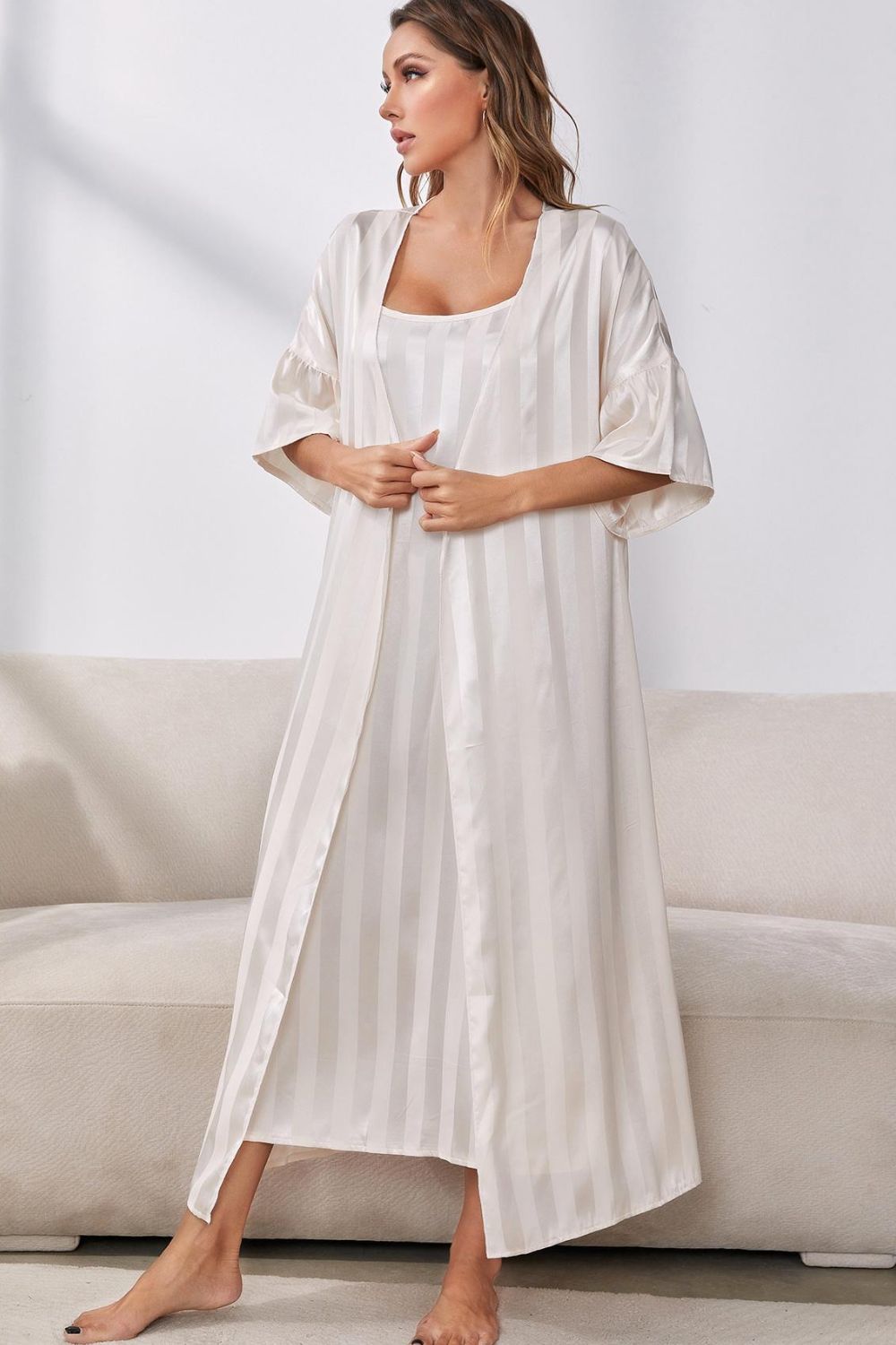 Sweet Dreams Striped Open Front Robe and Cami Dress Set - ThingsWeUseAndLove 