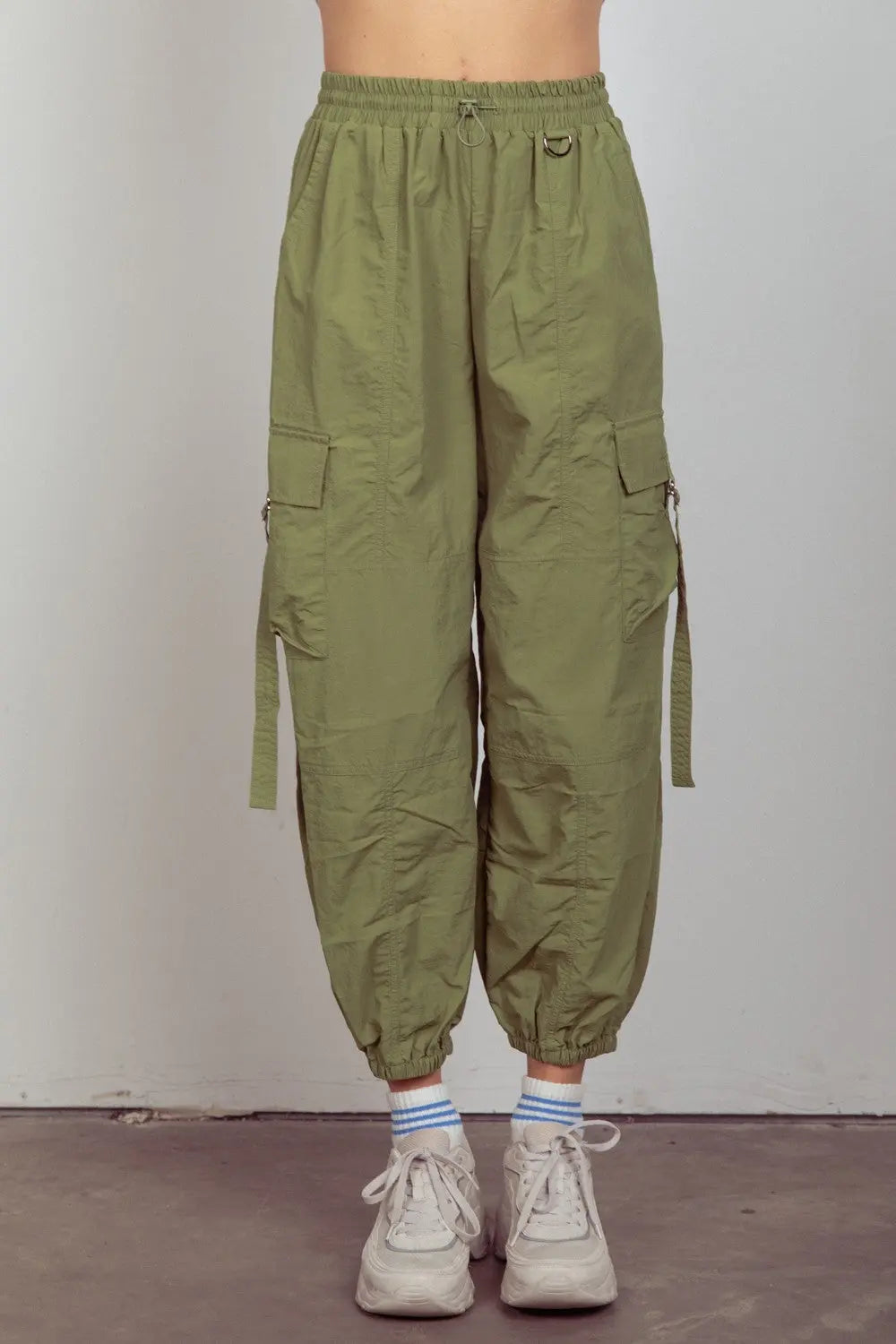 Kam  Elastic Waist Woven Cargo Pants - ThingsWeUseAndLove Olive-L