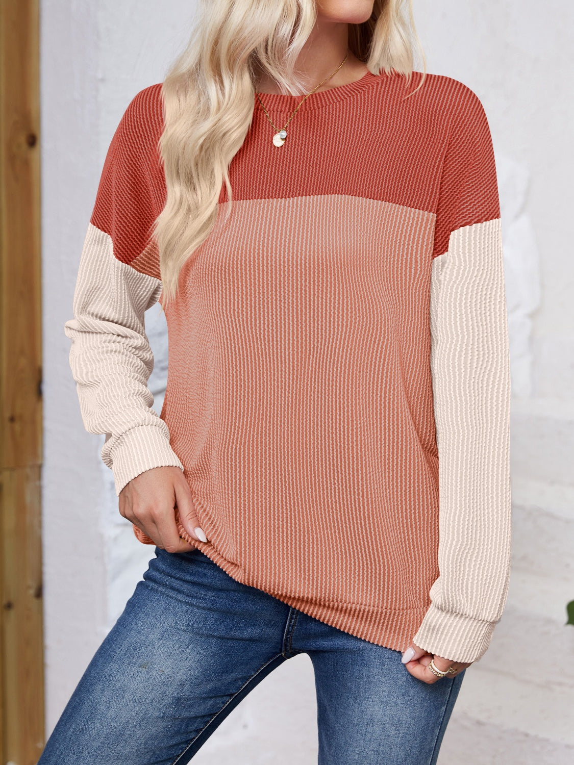 Ursina Color Block Round Neck Long Sleeve Sweatshirt - ThingsWeUseAndLove Rust-2XL