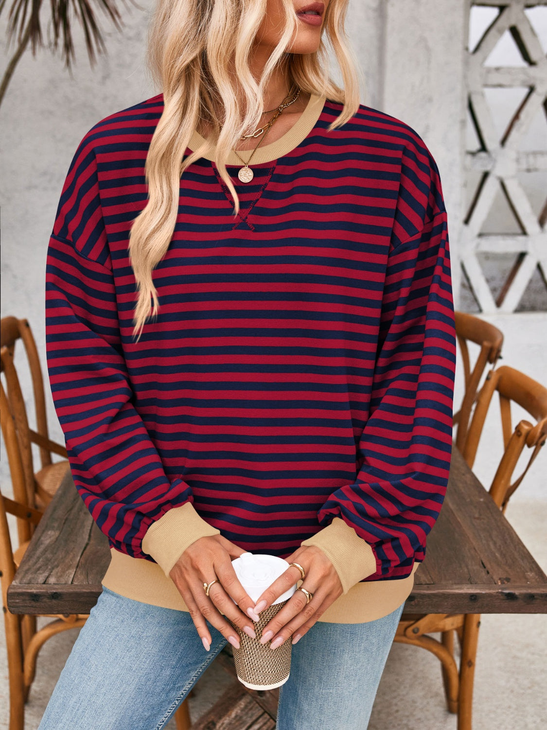 Aviana Contrast Striped Long Sleeve Sweatshirt - ThingsWeUseAndLove 