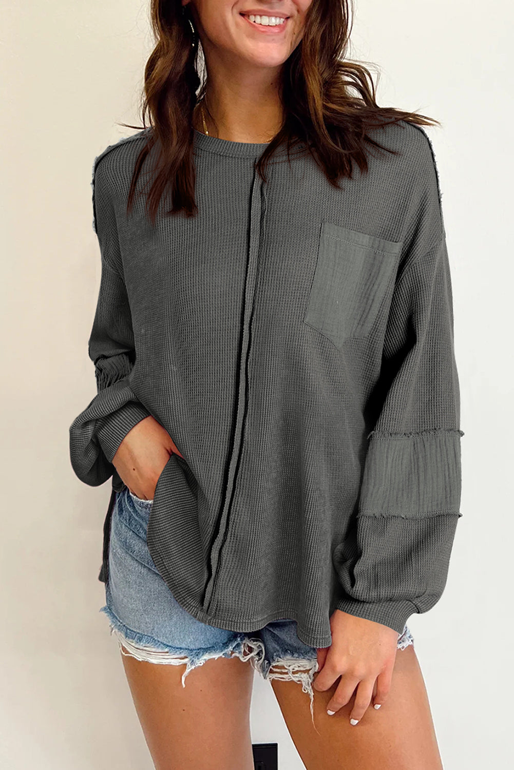 Crinkle Patchwork Long Sleeve Top - ThingsWeUseAndLove 