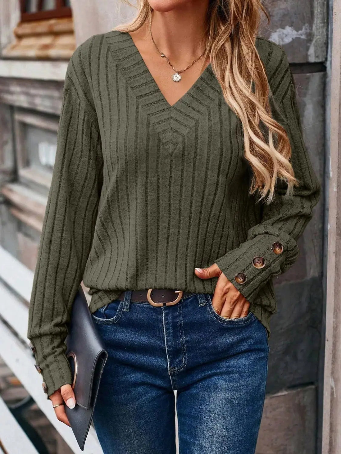 Ribbed V-Neck Long Sleeve T-Shirt - ThingsWeUseAndLove Army-Green-2XL