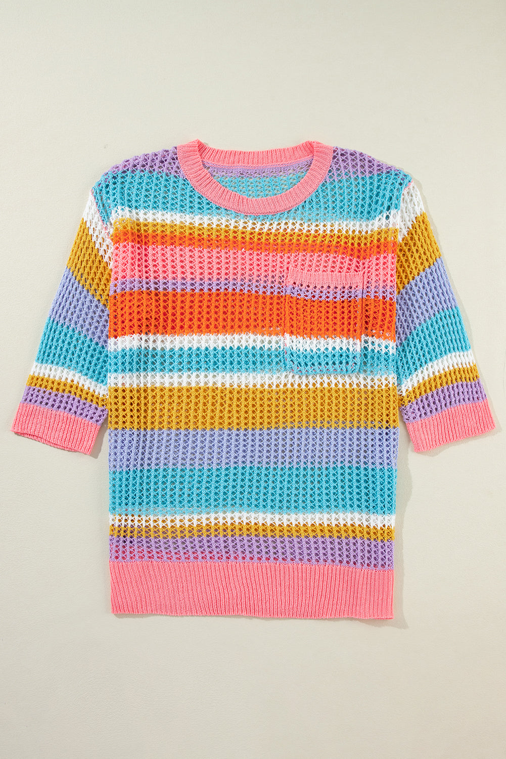 Striped Color Block Hollow Crochet 3/4 Sleeve T Shirt - ThingsWeUseAndLove 