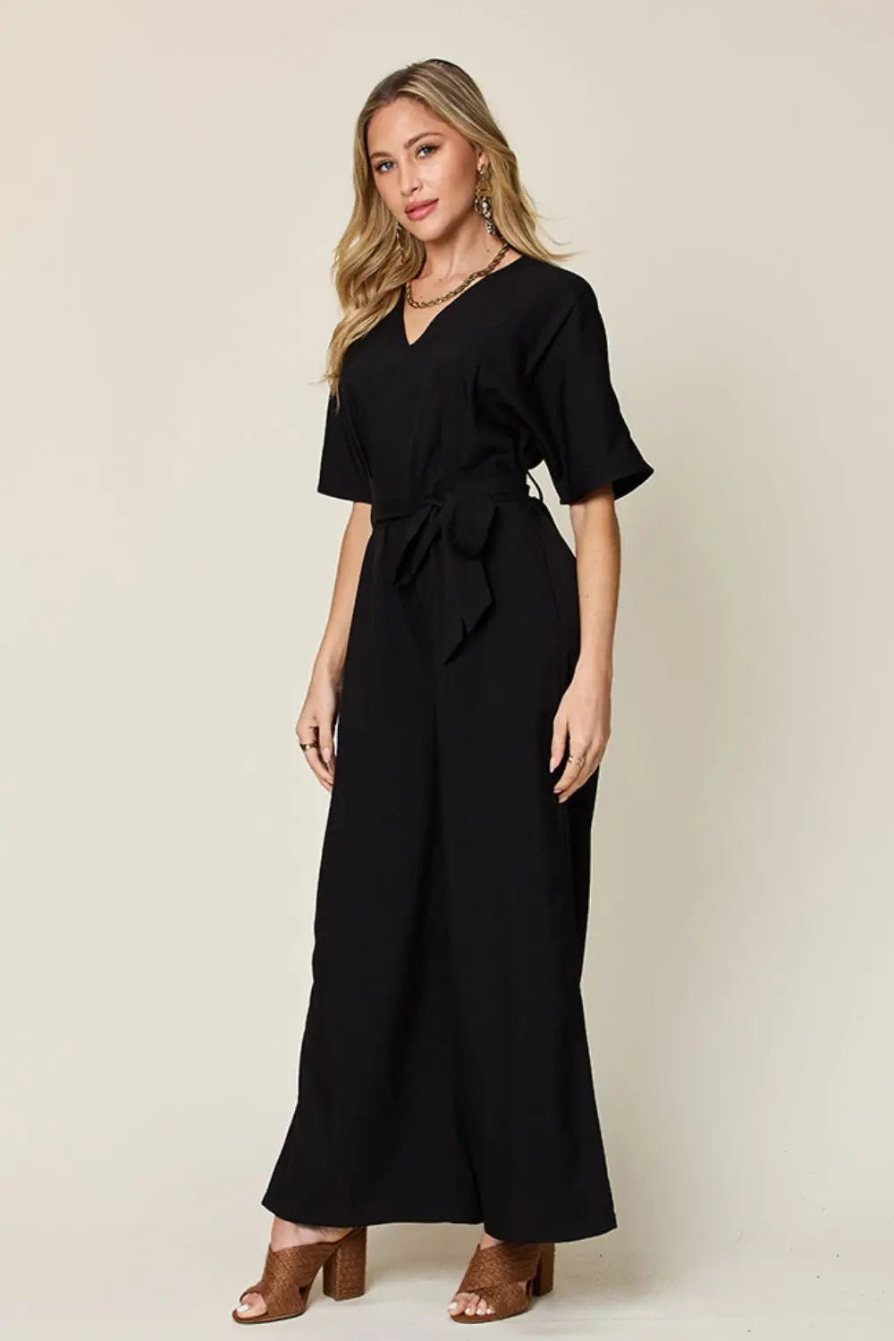 Size Inclusive V-Neck Tied Side Slit Jumpsuit - ThingsWeUseAndLove 