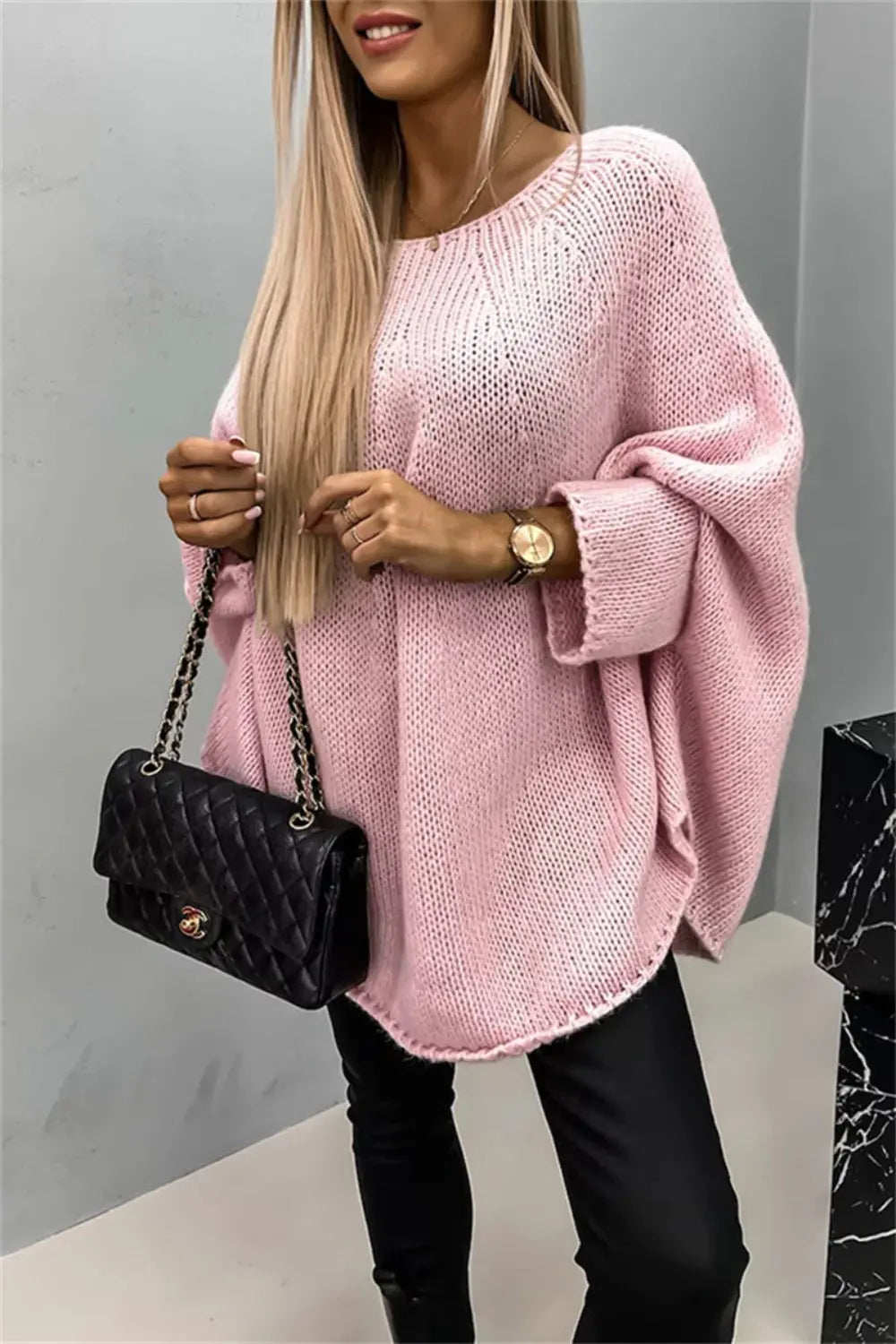 Batwing Sleeve Round Neck Sweater - ThingsWeUseAndLove Blush-Pink-L-XL