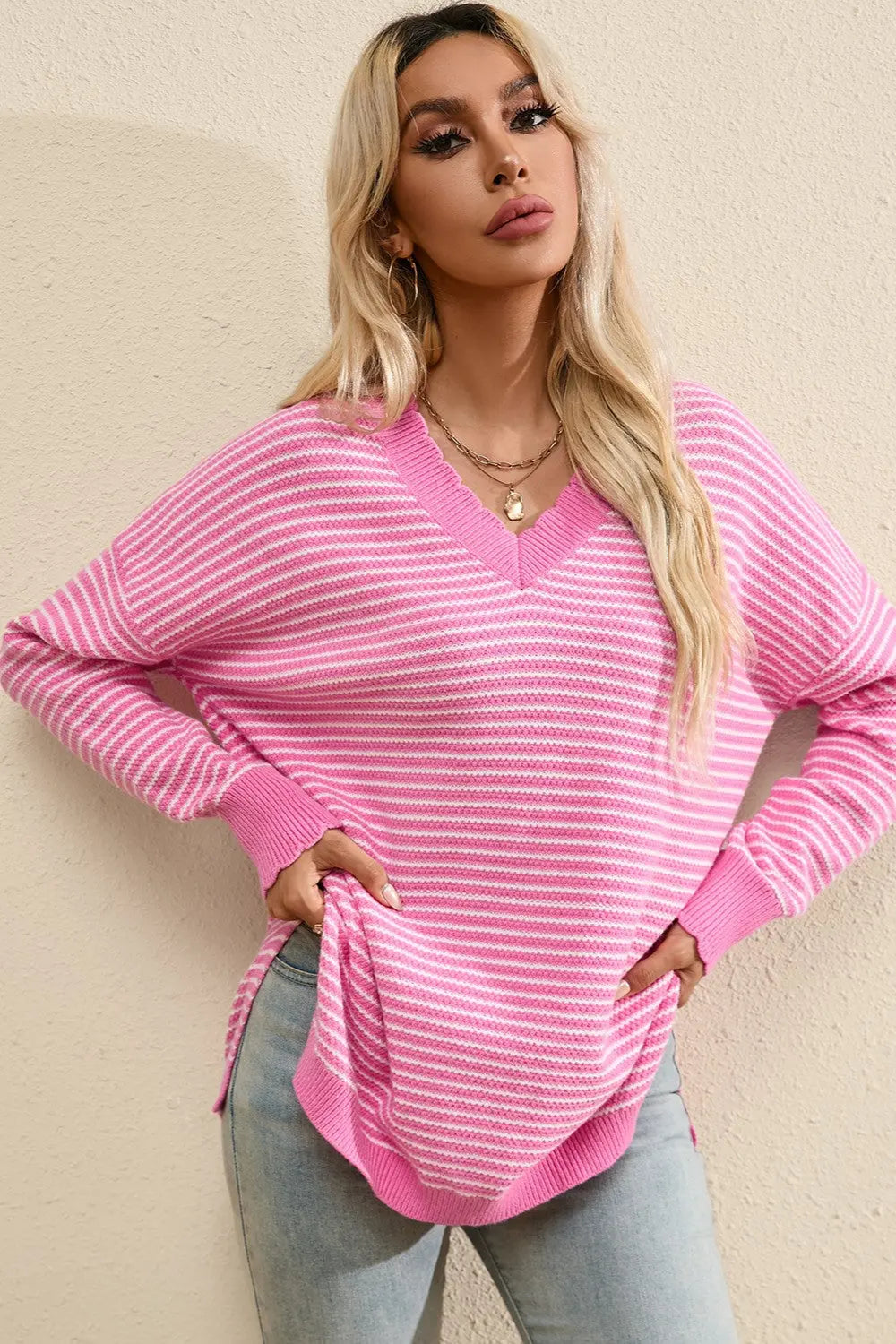 Brandy Striped V-Neck Long Sleeve Top - ThingsWeUseAndLove 