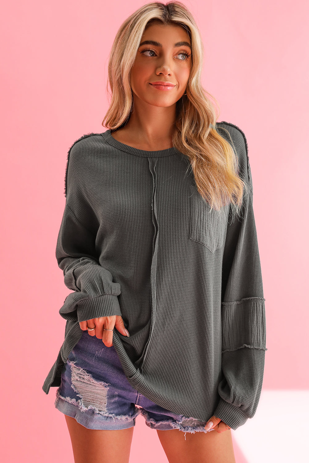 Crinkle Patchwork Long Sleeve Top - ThingsWeUseAndLove 