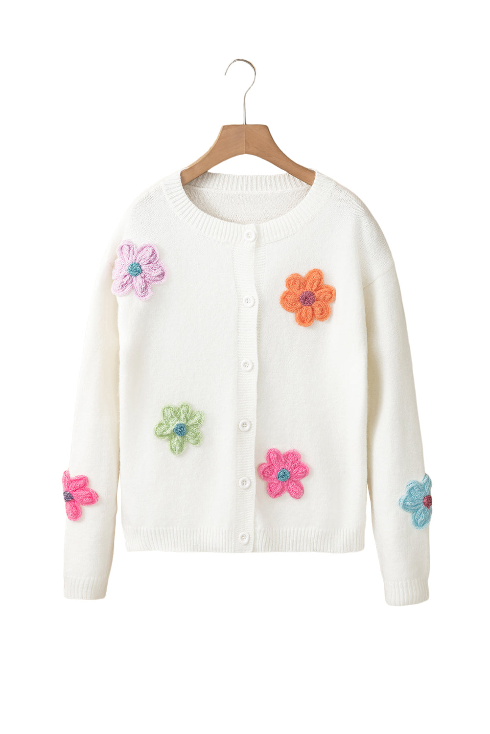 White Cute Flower Pattern Button-Up Cardigan - ThingsWeUseAndLove 