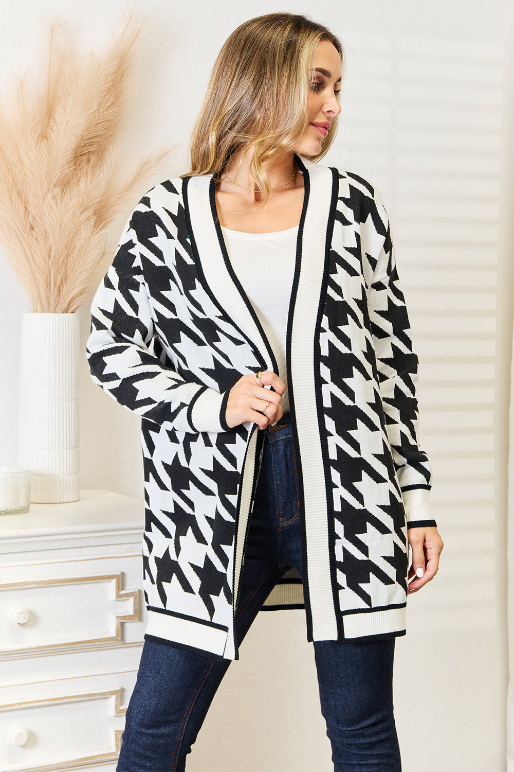 Houndstooth Open Front Longline Cardigan - ThingsWeUseAndLove