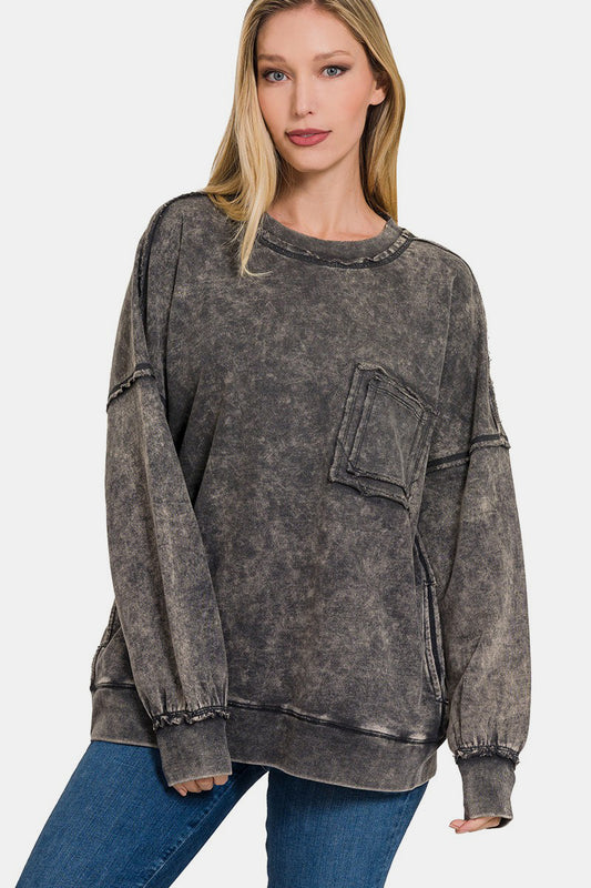 Exposed Seam Round Neck Dropped Shoulder Sweatshirt - ThingsWeUseAndLove Ash-Black-XL