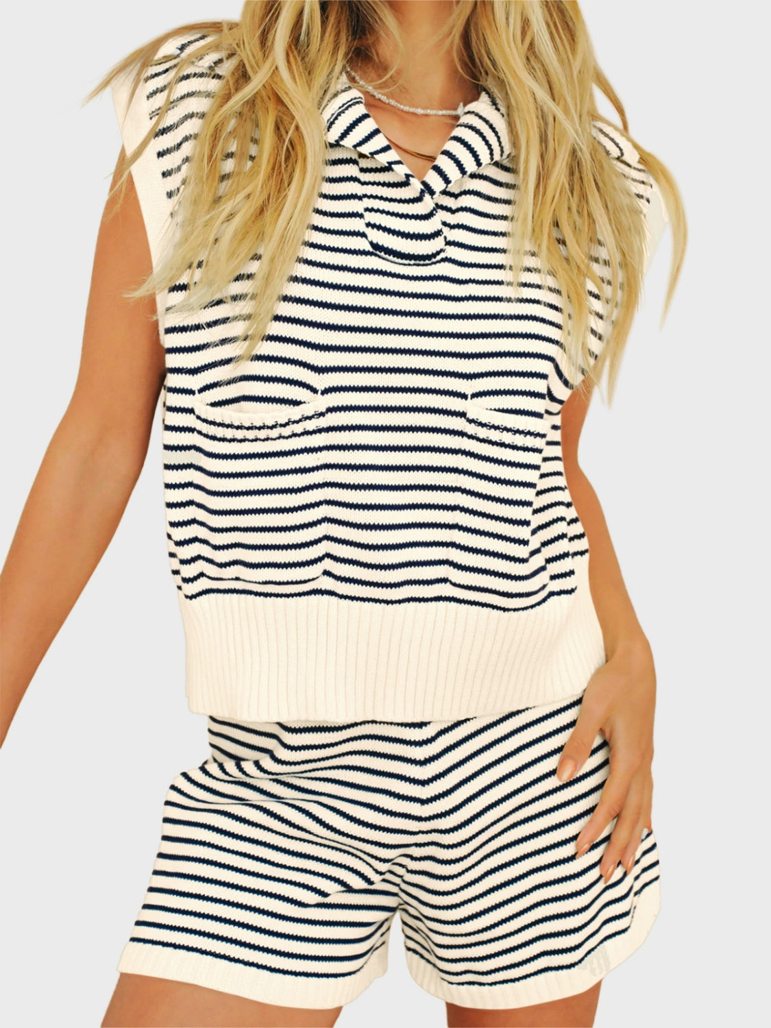 Striped Cap Sleeve Top and Shorts Sweater Set - ThingsWeUseAndLove Pastel-Yellow-2XL