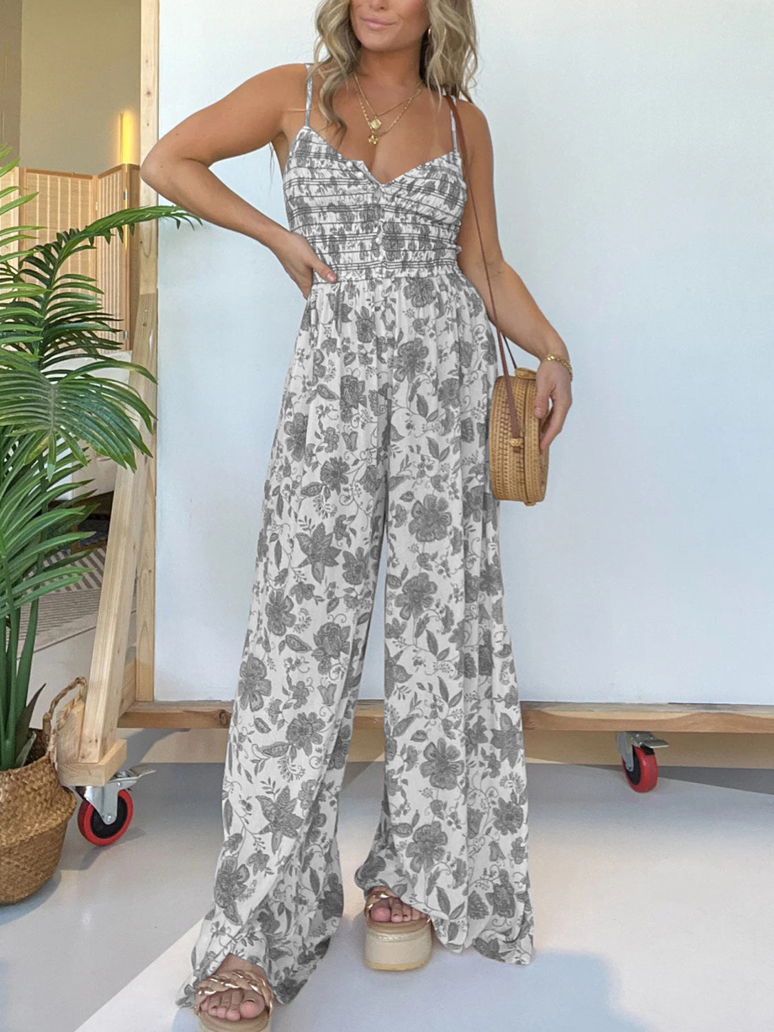 Printed Spaghetti Strap Wide Leg Jumpsuit - ThingsWeUseAndLove 