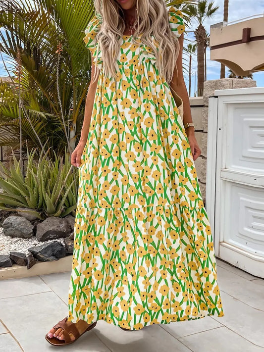 Nahara Ruffled Printed Cap Sleeve Midi Dress - ThingsWeUseAndLove Yellow-Green-L