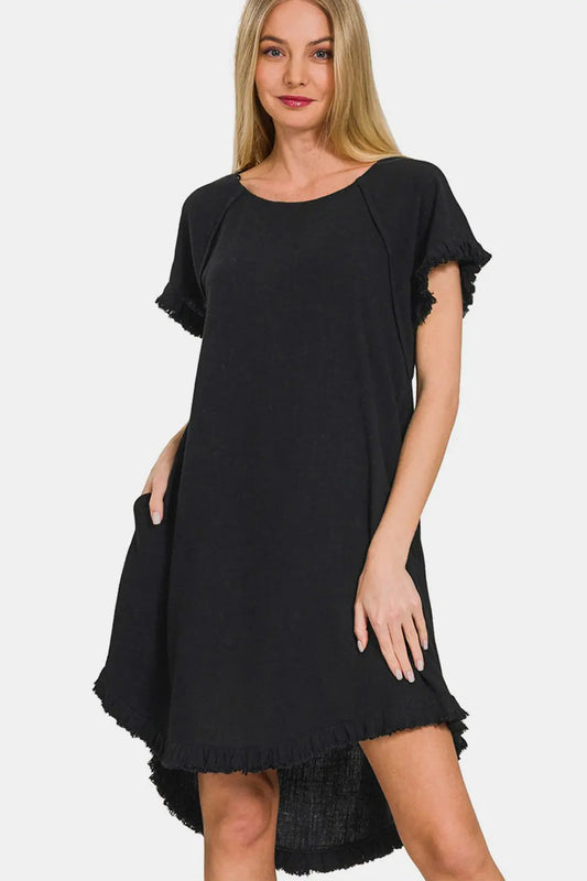 Zofi Fringe Edge High Low Flowy Dress with Pockets - ThingsWeUseAndLove Black-L