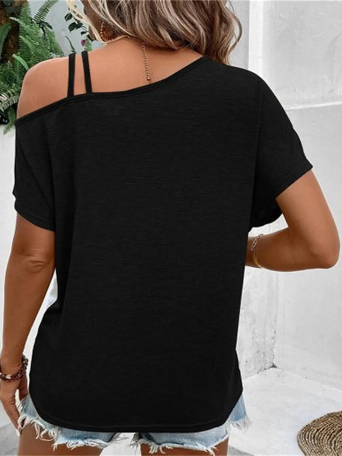 Colleen Contrast Asymmetrical Neck Short Sleeve T-Shirt - ThingsWeUseAndLove 