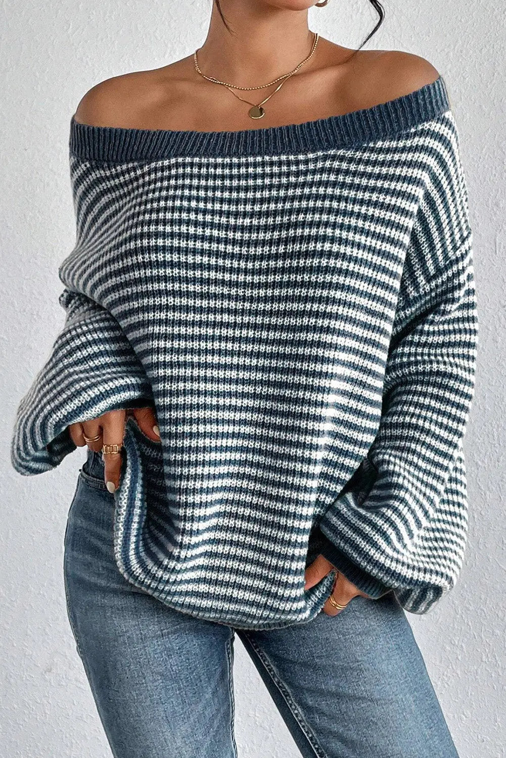 Sail Blue Striped Drop Shoulder Lantern Sleeve Sweater - ThingsWeUseAndLove 