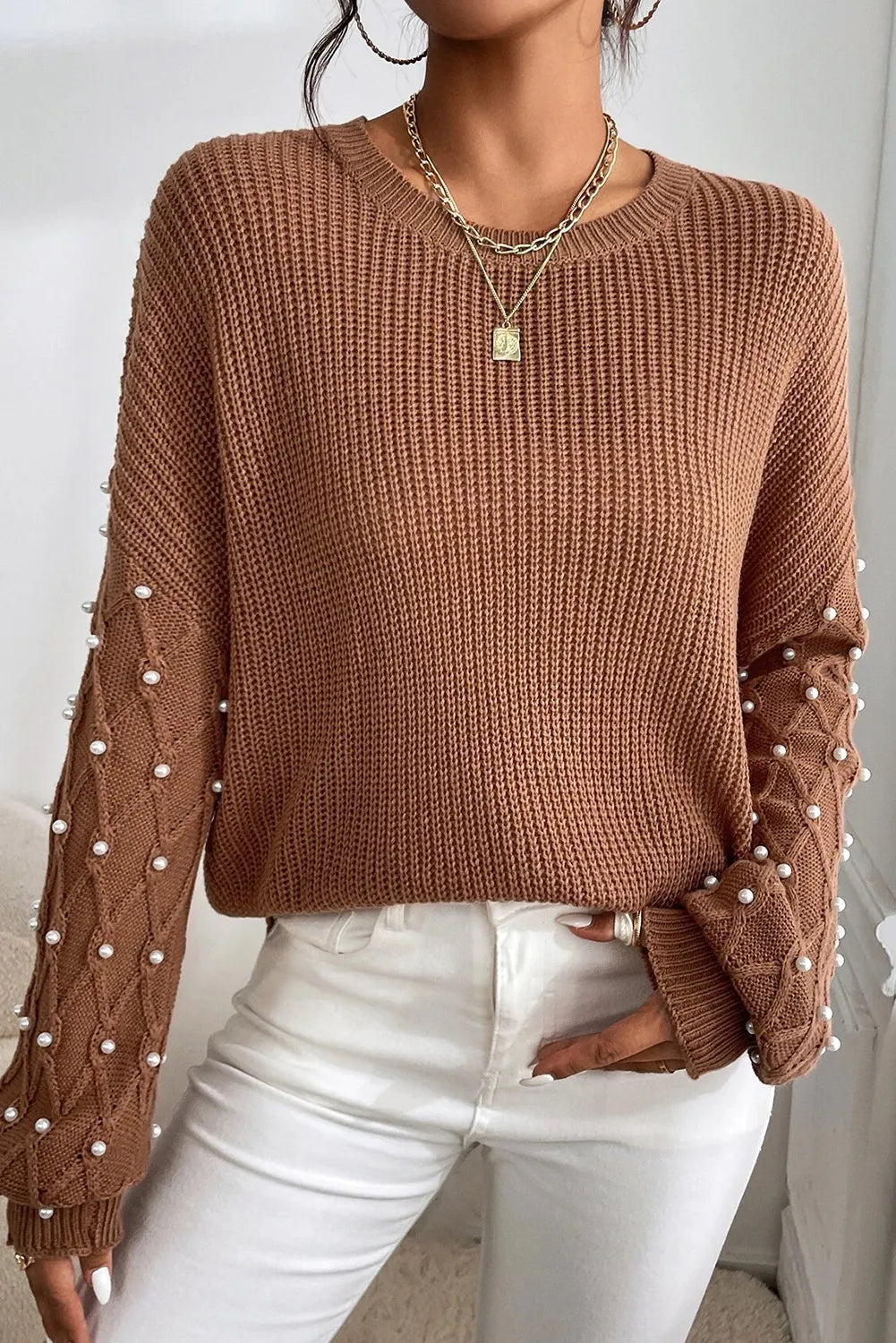 Round Neck Pearl Detail Long Sleeve Chocolate Brown Sweater