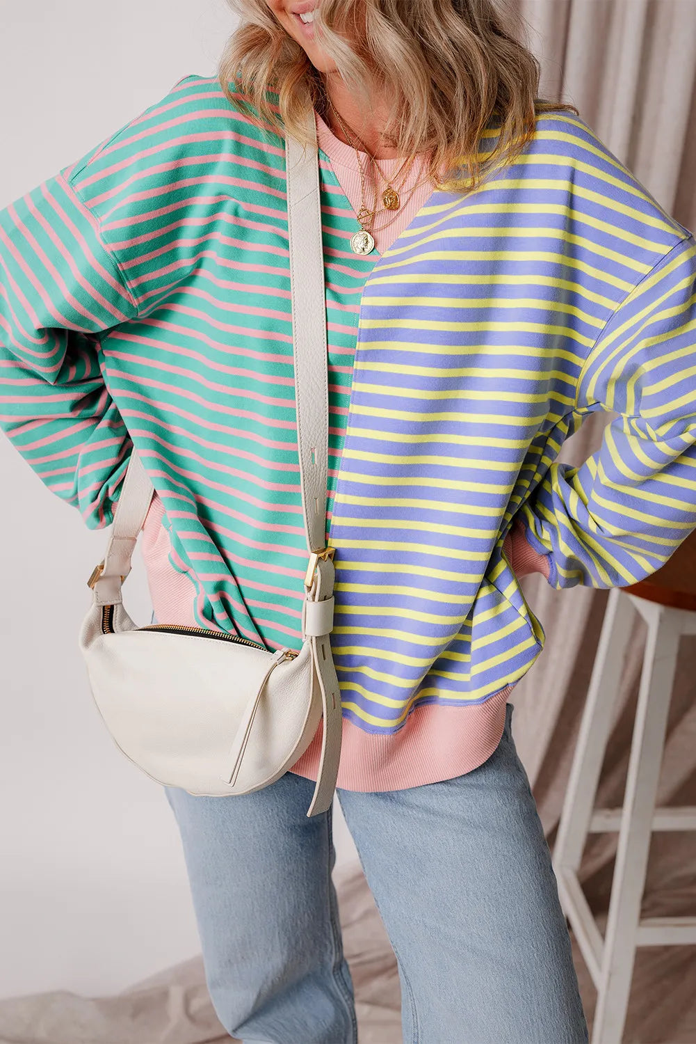 Wistar Contrast Stripes Round Neck Long Sleeve Sweatshirt - ThingsWeUseAndLove Turquoise-2XL