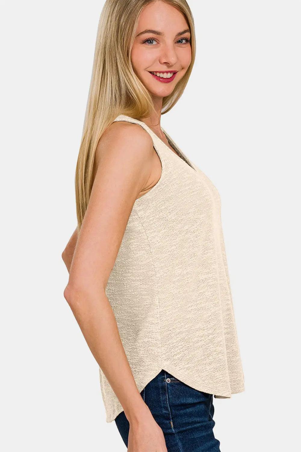 Ashley Sand Beige V-Neck Curved Hem Tank - ThingsWeUseAndLove 