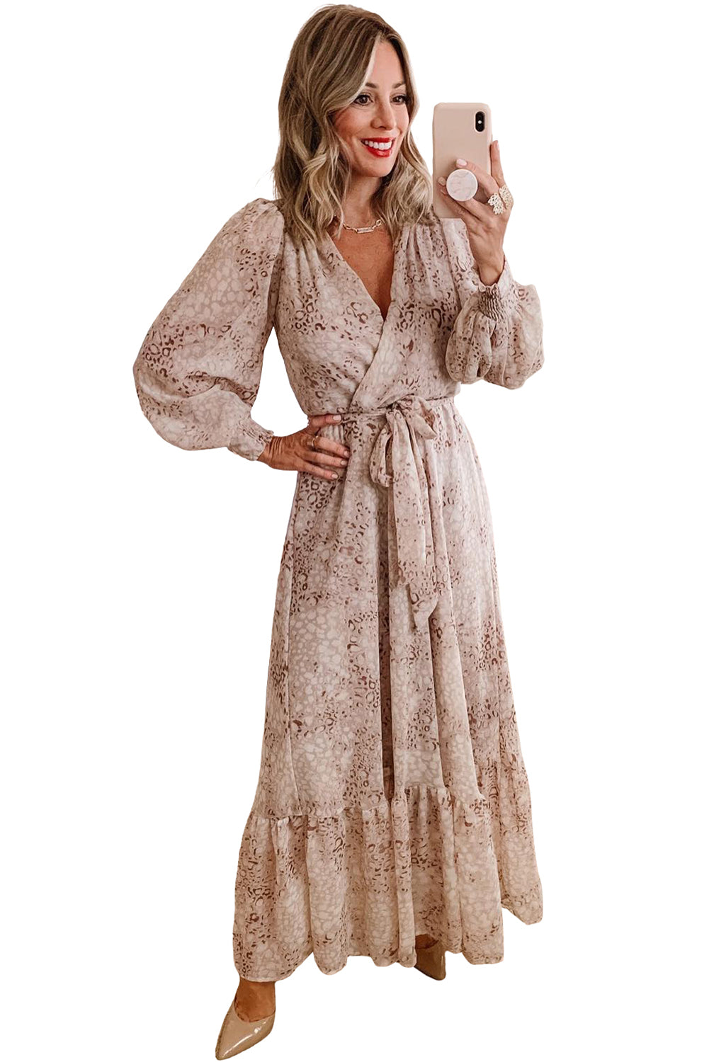 Leopard Surplice V Neck Bubble Sleeve Sash Maxi Dress - ThingsWeUseAndLove 