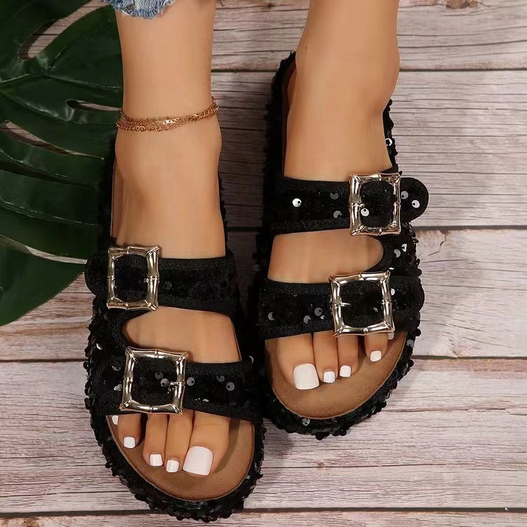 Sequin Trim Open Toe Sandals - ThingsWeUseAndLove Black-42-US10.5