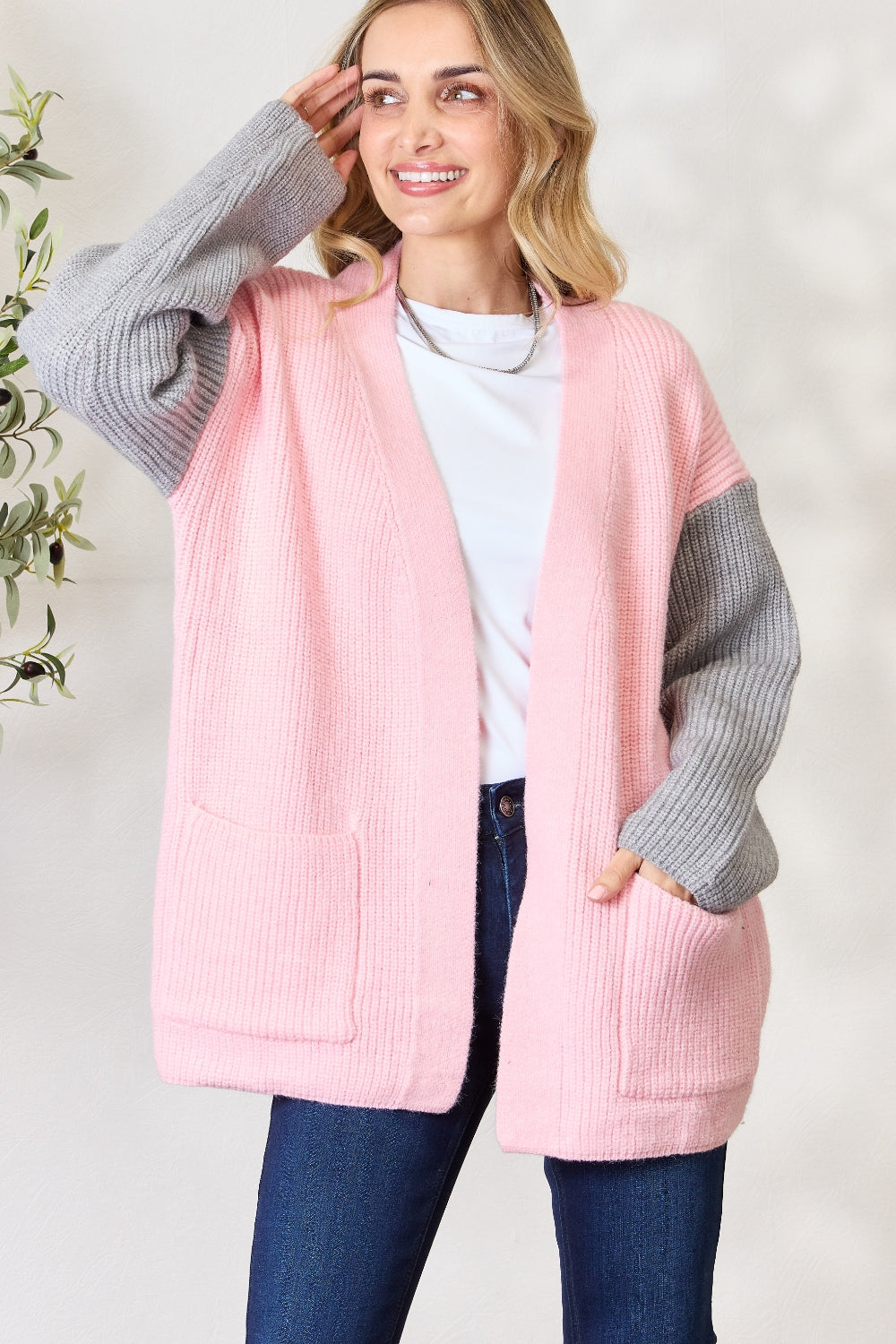 Grey/Blush Open Front Cardigan with Pockets - ThingsWeUseAndLove