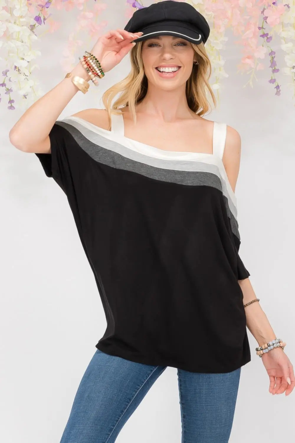 Lux Size-Inclusive Striped Cold Shoulder Top - ThingsWeUseAndLove Black-Ivory-3XL